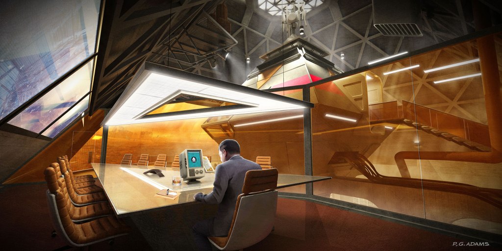 A modern conference room featuring a large table, stylish chairs, and a vintage computer. The room is illuminated with warm lighting and has an elaborate geometric ceiling design. A person sits at the table, focused on the computer, with glass walls showcasing a staircase in the background.
