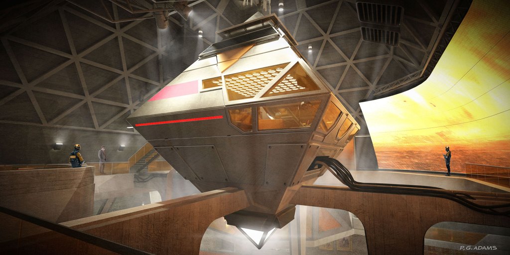 A futuristic spacecraft cabin suspended in a large, industrial space, with beams of light illuminating the interior. Two figures are present: one seated on a ledge and another standing near a large screen displaying a vibrant sunset.