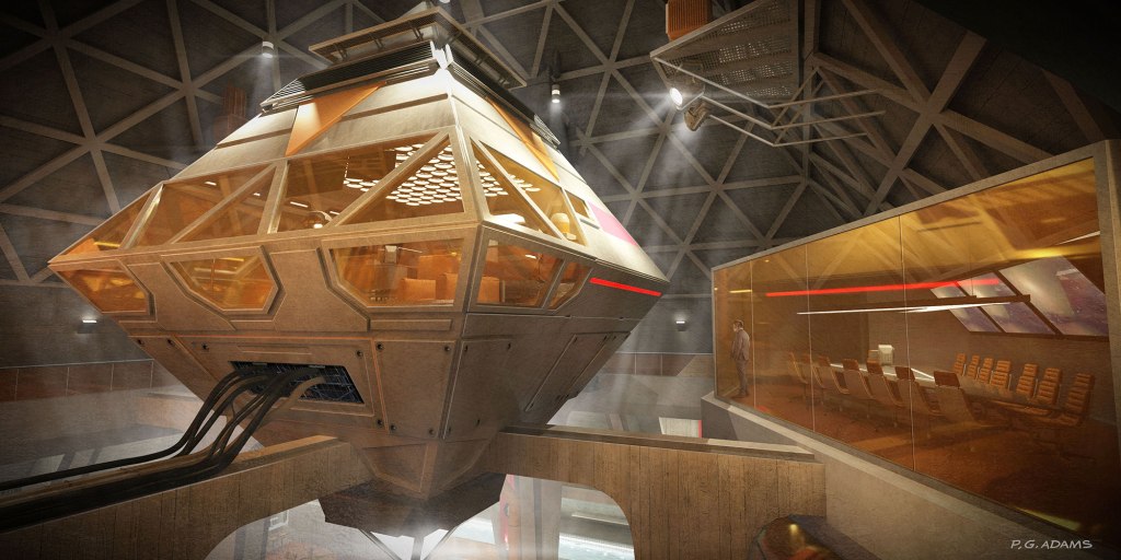 A futuristic architectural design featuring a geometric, multi-faceted structure resembling a command center, with wooden elements and sleek lighting in a spacious interior.