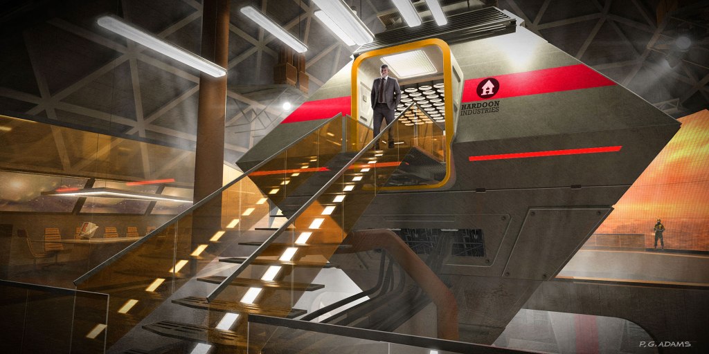 A futuristic spacecraft with a person in a suit standing at the entrance, descending a transparent staircase. The interior features industrial design elements and soft lighting, creating a modern atmosphere.