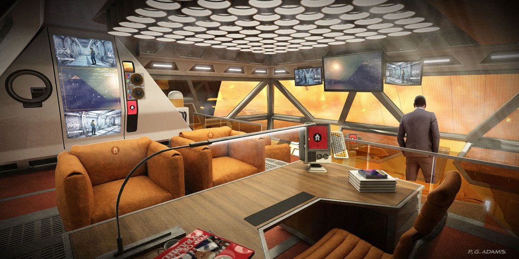 A futuristic office interior featuring orange sofas, multiple screens, and a large window displaying a cosmic view. A person stands near the window, observing the scene.