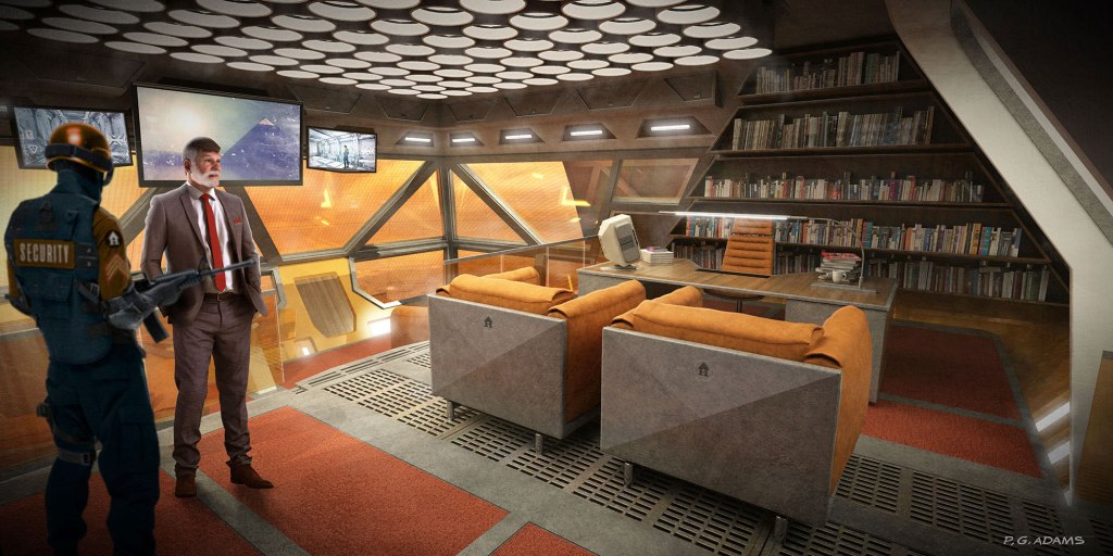 A futuristic office space featuring a security guard in uniform, a suited man, and modern furniture. The room has large windows, a library shelf with books, and multiple screens displaying images.