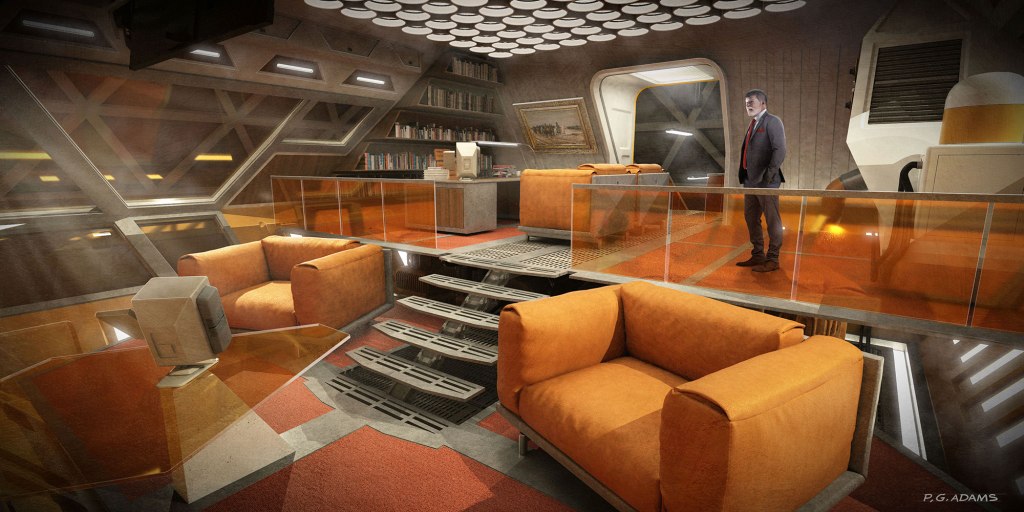 A futuristic interior with a modern design featuring orange armchairs, a glass balcony, and shelves filled with books. A man in a suit stands in the room, which has a high-tech atmosphere illuminated by circular ceiling lights.