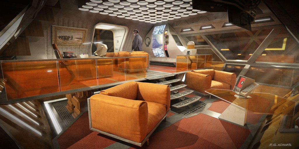 Futuristic lounge area with orange sofas, a transparent desk, and modern technology, featuring geometric designs and a painting on the wall.