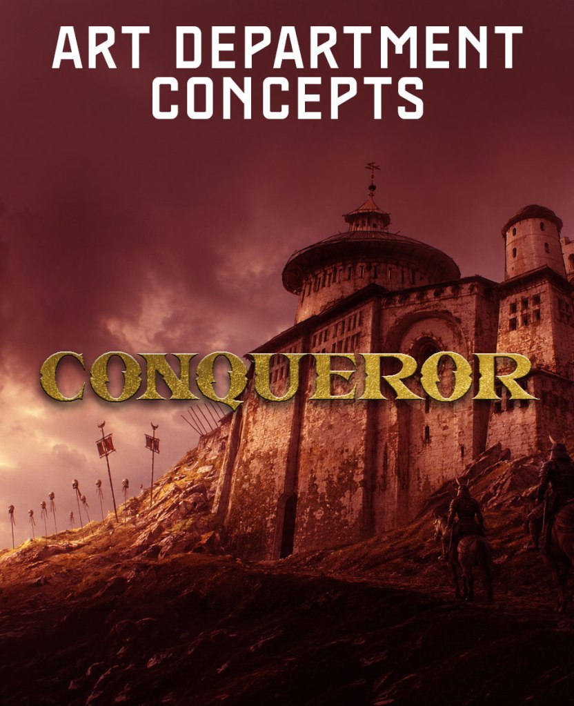 Concept art featuring a large stone castle on a rocky hill with a dramatic sky; the word 'CONQUEROR' is prominently displayed in bold, gold text above the castle.