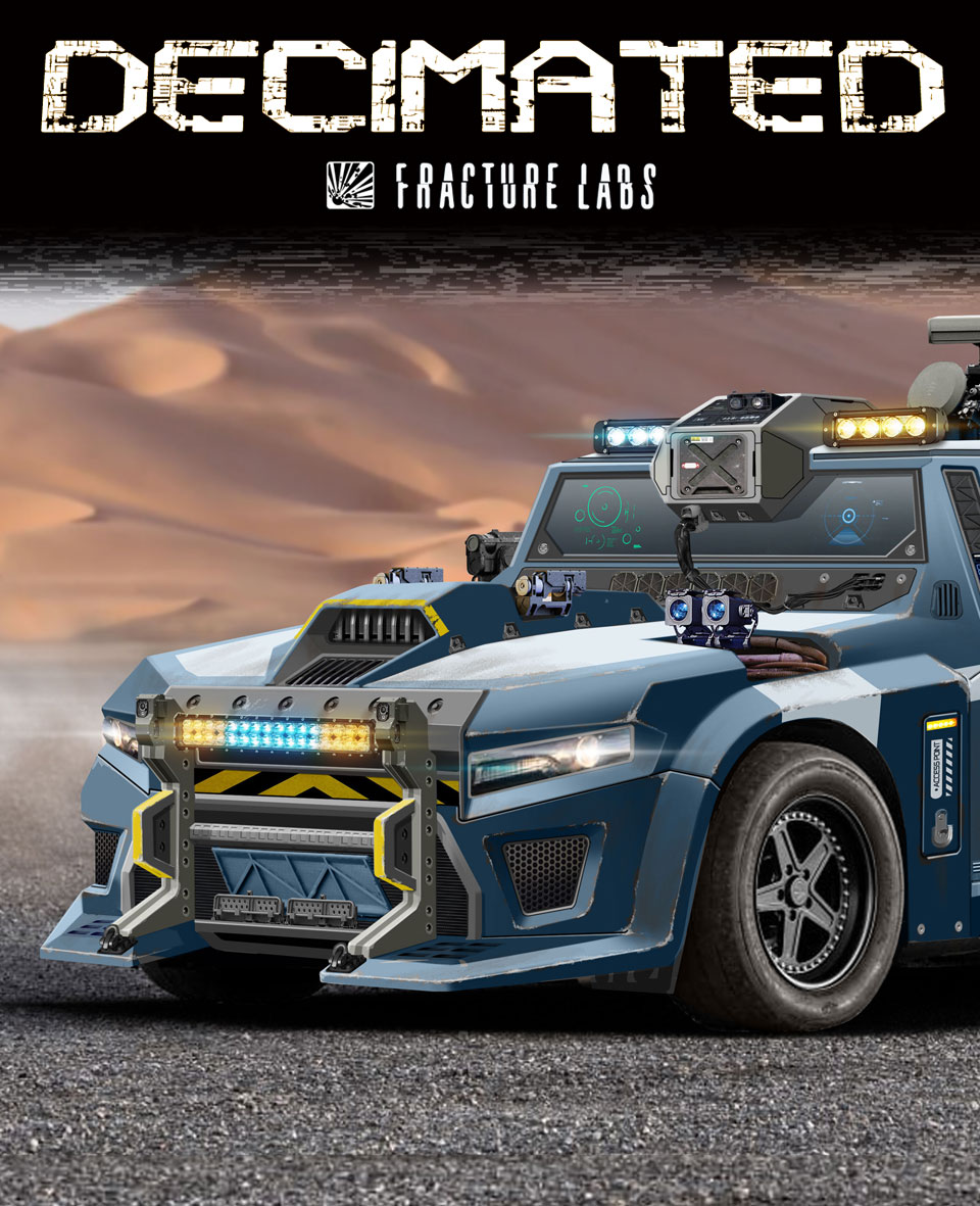 A stylized, futuristic vehicle featuring a rugged design with various high-tech equipment, set against a desert backdrop. The vehicle has bright LED lights and a customized front bumper.