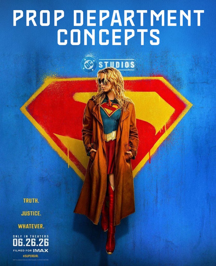 Concept art for a female superhero wearing a long brown coat over a blue and red outfit, standing in front of a large Superman logo. The background is blue, with text overlay reading 'PROP DEPARTMENT CONCEPTS' and 'TRUTH. JUSTICE. WHATEVER.'