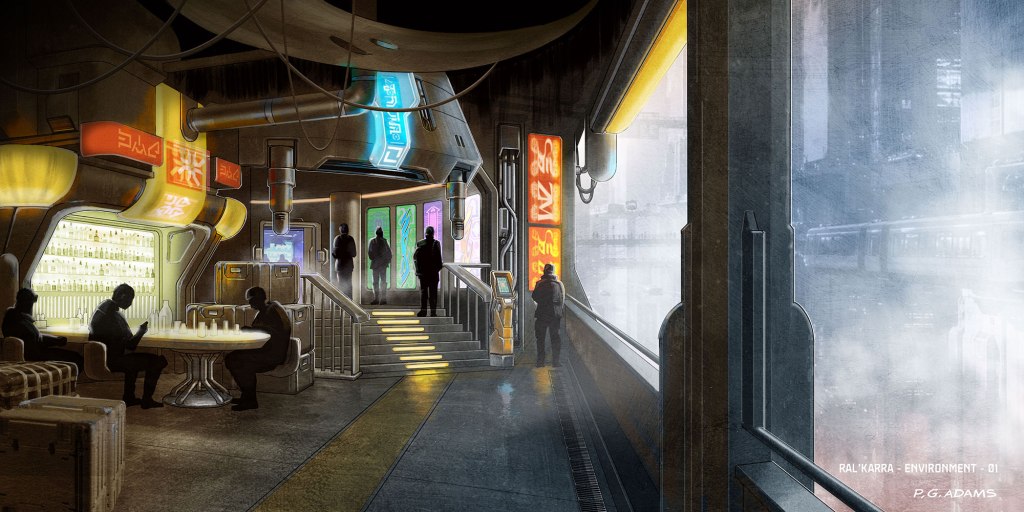 Futuristic interior of a bar or lounge with neon signs, a central round table, and people gathered around. Large windows show a cityscape with mist and light.