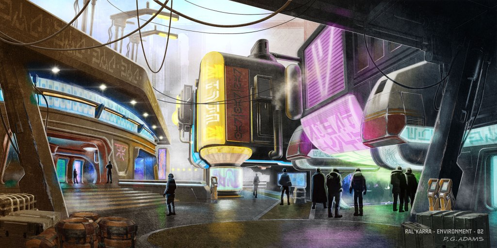 Futuristic urban scene featuring large neon-lit structures and people exploring a sci-fi marketplace with a mix of technology and sleek architecture.