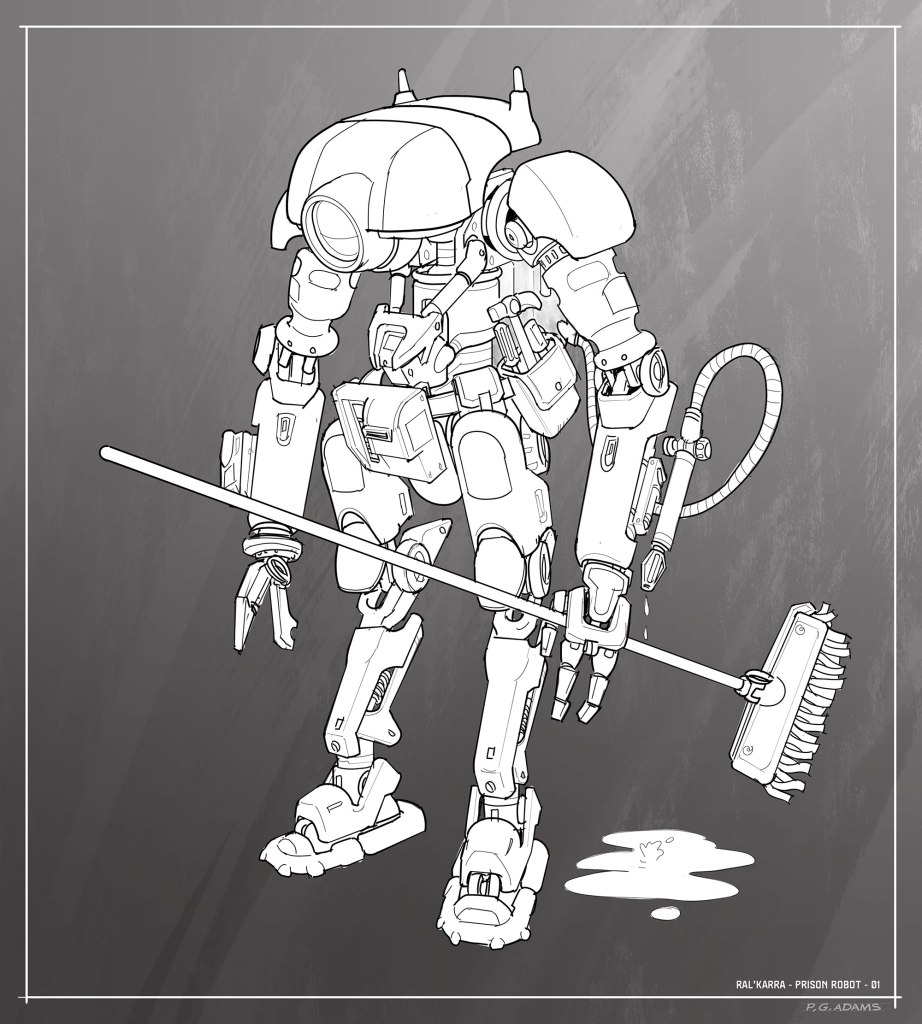 A detailed illustration of a robotic character named Ral'Karra, designed for prison cleaning tasks, holding a broom and seen standing over a spill.