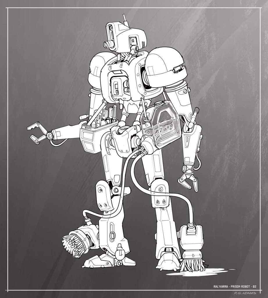A detailed illustration of a stylized prison robot, featuring articulated limbs, a mechanical arm with tools, and a compact design, set against a simple gray background.