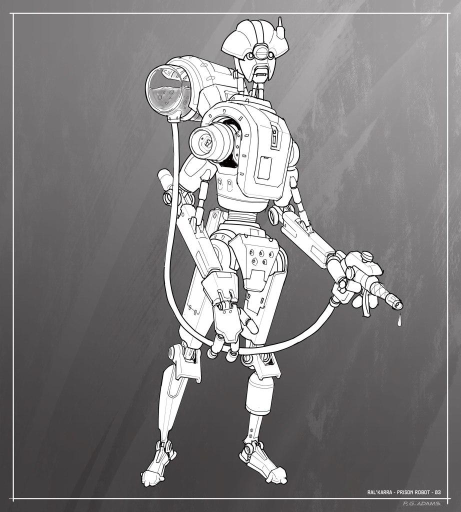 A sketched design of a humanoid robot with mechanical features, holding a tool with a hose attached, against a gray background.