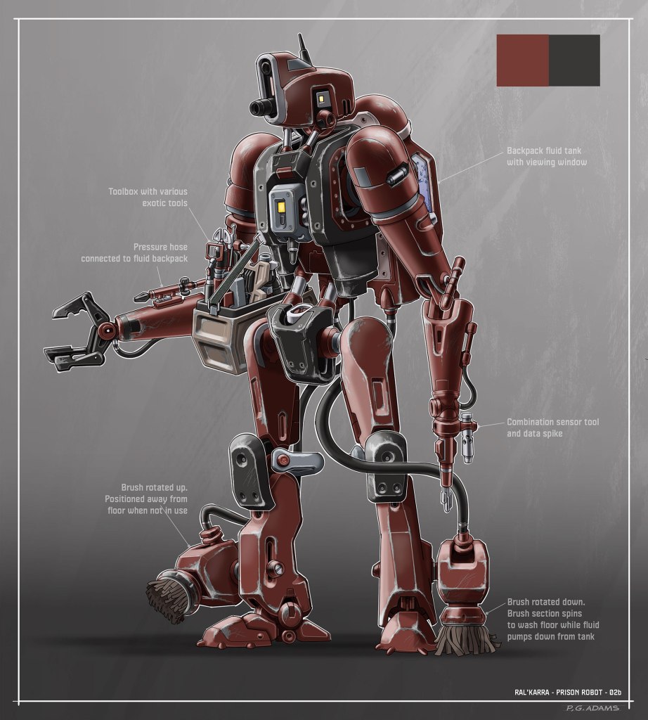 A detailed illustration of a humanoid robot equipped with various tools, featuring a toolbox, a fluid backpack with a viewing window, and a combination sensor tool. The robot has a brush attachment that can rotate up and down for cleaning purposes.