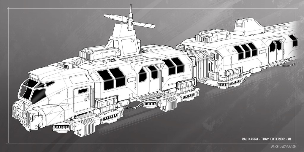 Black and white illustration of a futuristic tram exterior, featuring a streamlined design with multiple windows, a prominent front cab, and detailed structure elements.