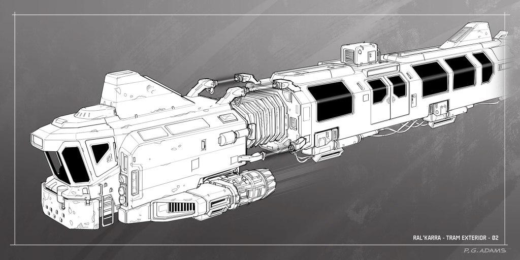 A black and white illustration of a futuristic tram or spacecraft design, showcasing its exterior features and mechanical components.