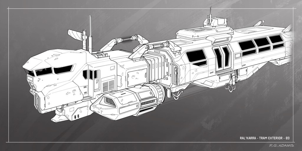 A detailed line art illustration of a futuristic tram exterior, featuring a sleek design with multiple compartments, windows, and a unique shape, set against a gray background.