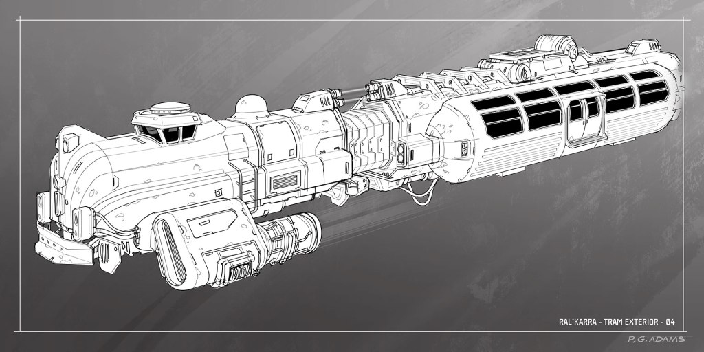 Line art illustration of a futuristic tram exterior, showing detailed mechanical features and a streamlined design.
