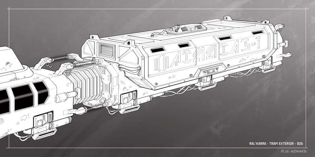 Illustration of a futuristic tram exterior with a sleek design, featuring detailed mechanical components and a graphic label 'RAL'KARRA - TRAM EXTERIOR - 02b'.
