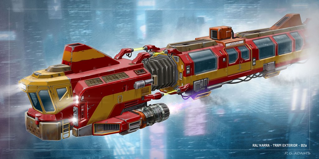 Concept art of a futuristic tram ship featuring a vibrant red, yellow, and silver design, with a streamlined body and advanced propulsion system, set against a futuristic cityscape.