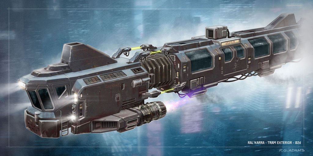 A futuristic tram-like spaceship with a sleek design, featuring a prominent cockpit and metallic exterior, set against a high-tech background.
