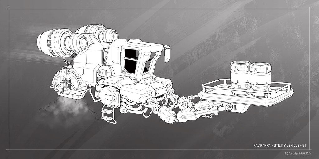 Illustration of a futuristic utility vehicle with large wheels and a robotic arm, designed for transportation and cargo handling.