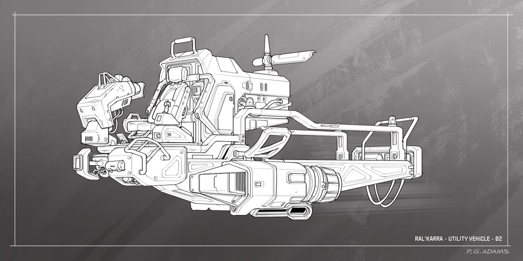 Line art illustration of a futuristic utility vehicle with various mechanical components and details.