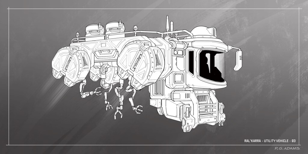 Illustration of a futuristic utility vehicle with a detailed design, featuring multiple compartments and robotic limbs.