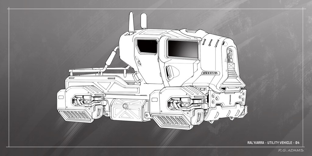 Outline drawing of a futuristic utility vehicle with a compact design and various mechanical features.