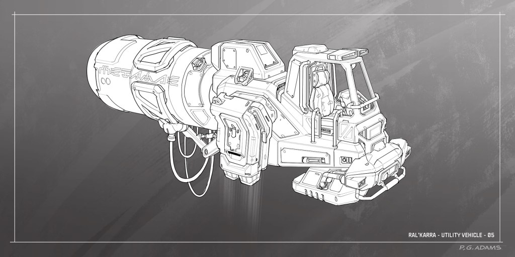 A detailed line drawing of a futuristic utility vehicle, featuring a large cylindrical container and a compact cabin design.